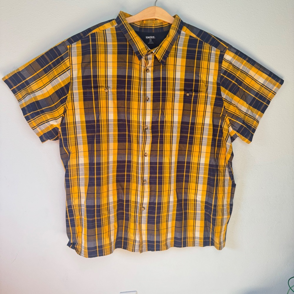 KingSize Mens Big and Tall Yellow Plaid Short Sleeve Button Down Shirt 6XL Big